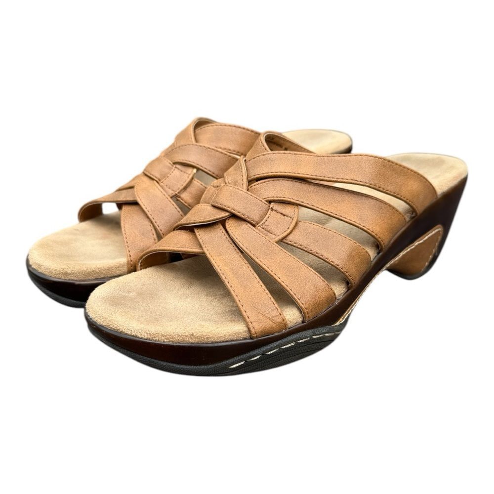Women's G.H. Bass & Co. Myra Tan Leather Strappy Woven Slide Wedge Sandals 9W